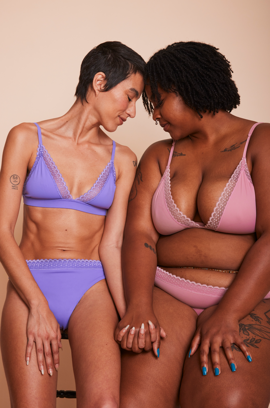 Lace Bralette and Lace Compression Thong shown in Dahlia and Rosewater
