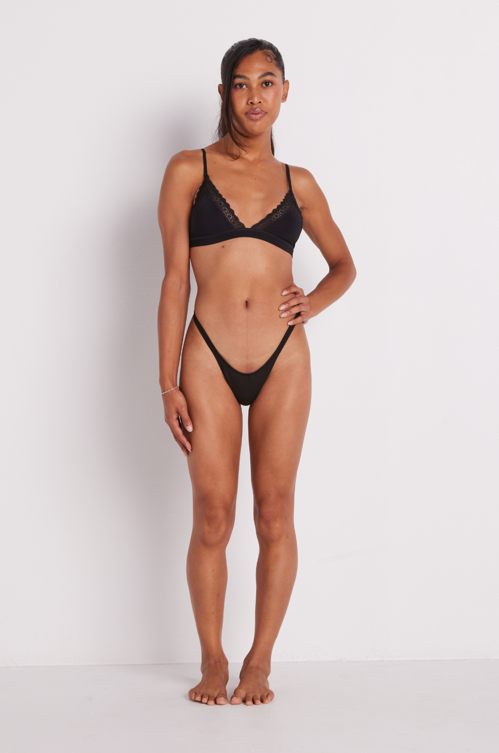 The Gaff in Black paired with the Lace Bralette in Black