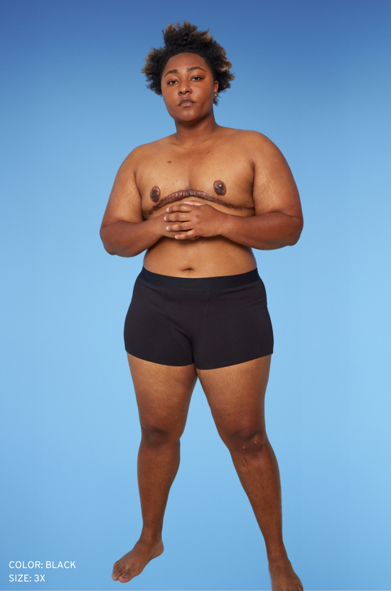 Model is wearing Cotton Compression Boy Short in Black, size 3X